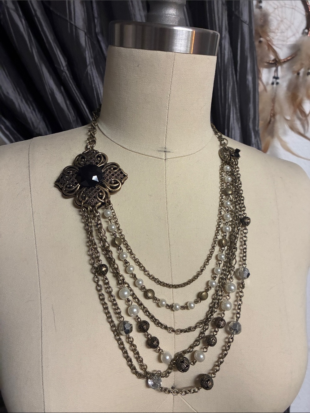 Layered Antique Gold Multi-Chain Necklace with Black Accent